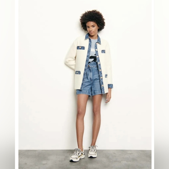 Sandro Ivory Tweed Jacket with Quilted Denim Inserts Size 38/US Size 6 - Picture 2 of 16